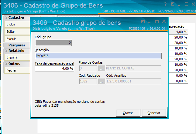 Rotina 3406 — Cadastro de Grupo de Bens